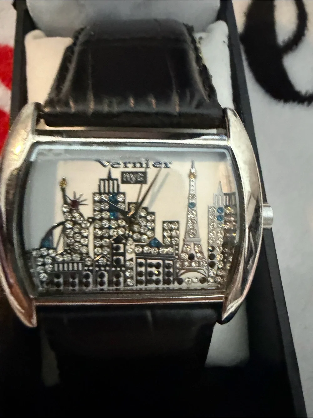 Vernier Men's Black Leather Watch with NYC skyline very unique